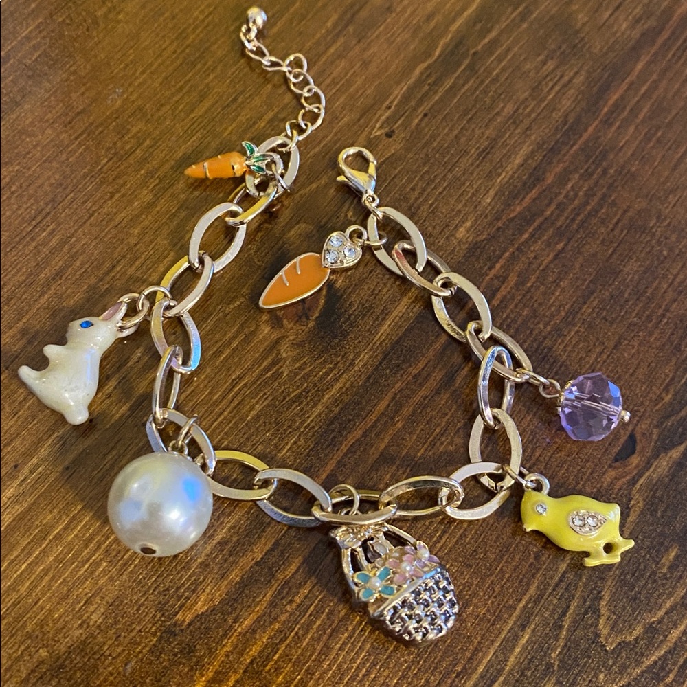 Vintage enameled Spring Bunny Easter Charm Bracelet